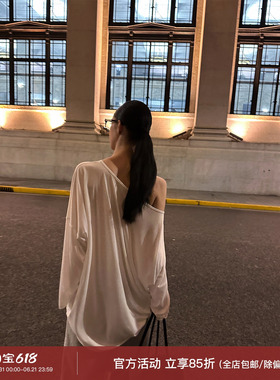 0122stepll日常松弛感 白色斜肩t恤女宽松慵懒天丝棉露肩长袖上衣