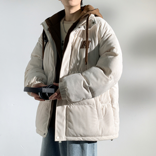 灯芯绒冬季保暖男士棉衣潮流加棉加厚男装假两件袄子外套羽绒棉服