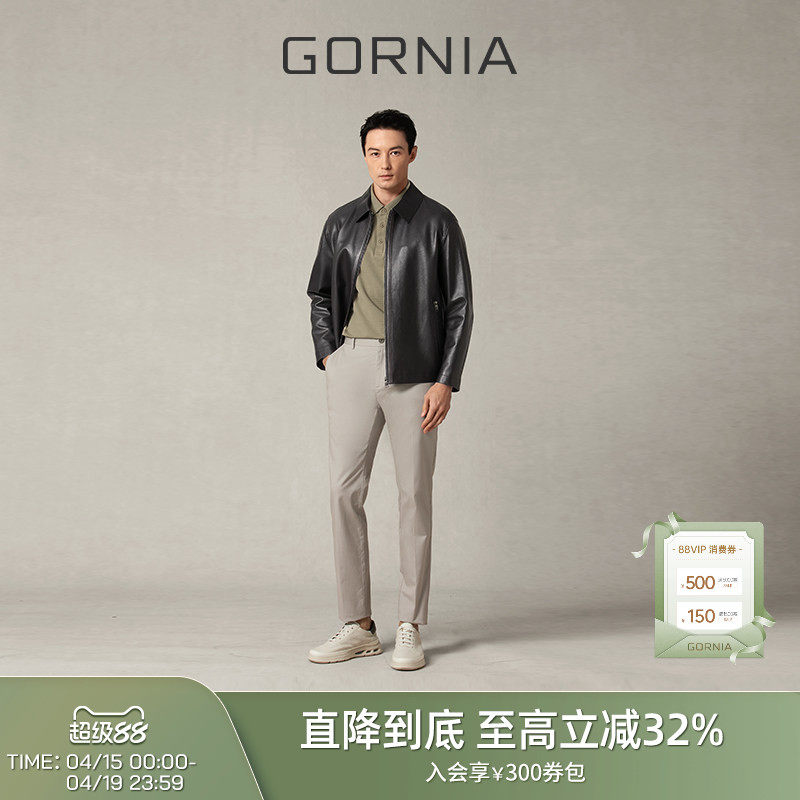 GORNIA/格罗尼雅男士皮衣黑色休闲翻领外套质感百搭时尚挺括上衣