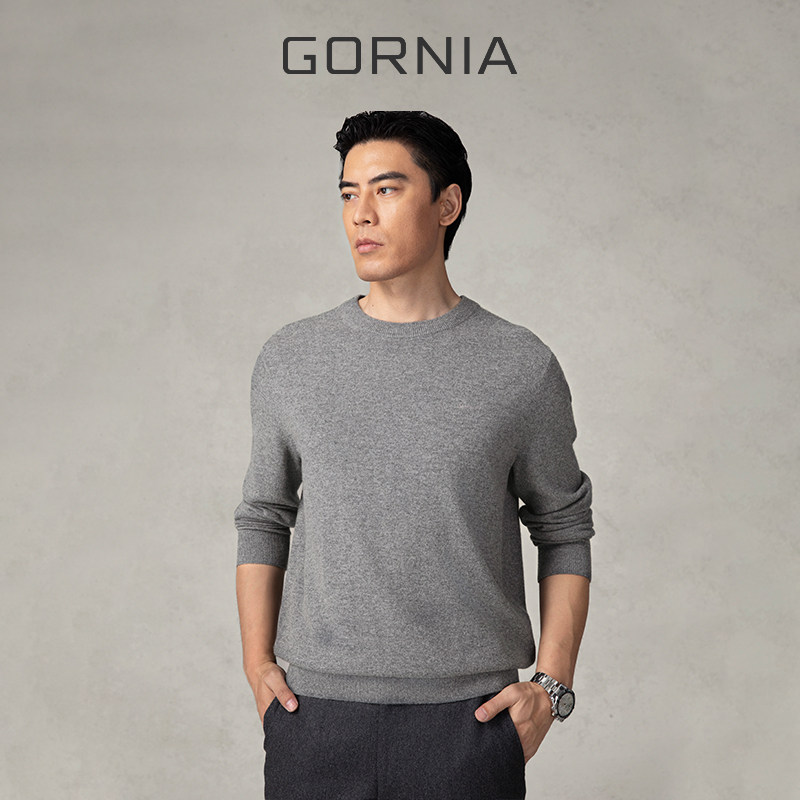 GORNIA/格罗尼雅男士长袖针织100%山羊绒时尚圆领套头商务针织衫