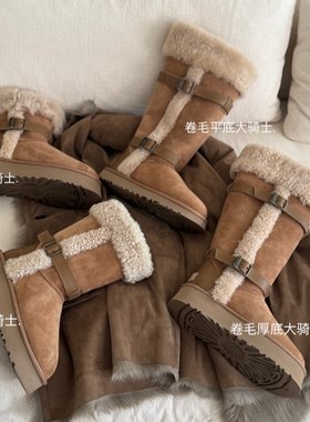 厚底机车骑士靴女靴雪地靴皮毛一体高筒靴子卷毛翻毛靴百搭长筒靴