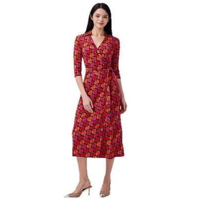 法式早春彩色锁链印花裹身连衣裙