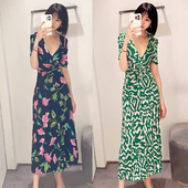 D家新款 显瘦气质连衣裙女夏中长款 法式 复古双面网纱印花V领修身