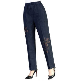 中老年女裤妈妈牛仔裤秋装直筒裤老年人松紧长裤春秋老太太奶奶裤