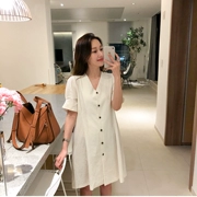 Hàn Quốc mua váy cotton và vải lanh nữ dài cổ chữ V tươi 2019 mới eo cao trắng Một chiếc váy chữ mùa hè - A-Line Váy