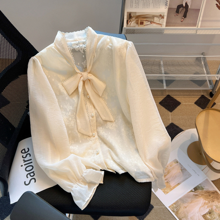 韩版系带休闲蝴蝶结衬衫女长袖设计感泡泡袖春夏季新款洋气雪纺衫