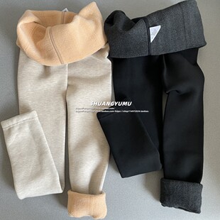 女童加绒加厚打底裤儿童外穿平纹高腰围裤子宝宝冬季黑色保暖裤子