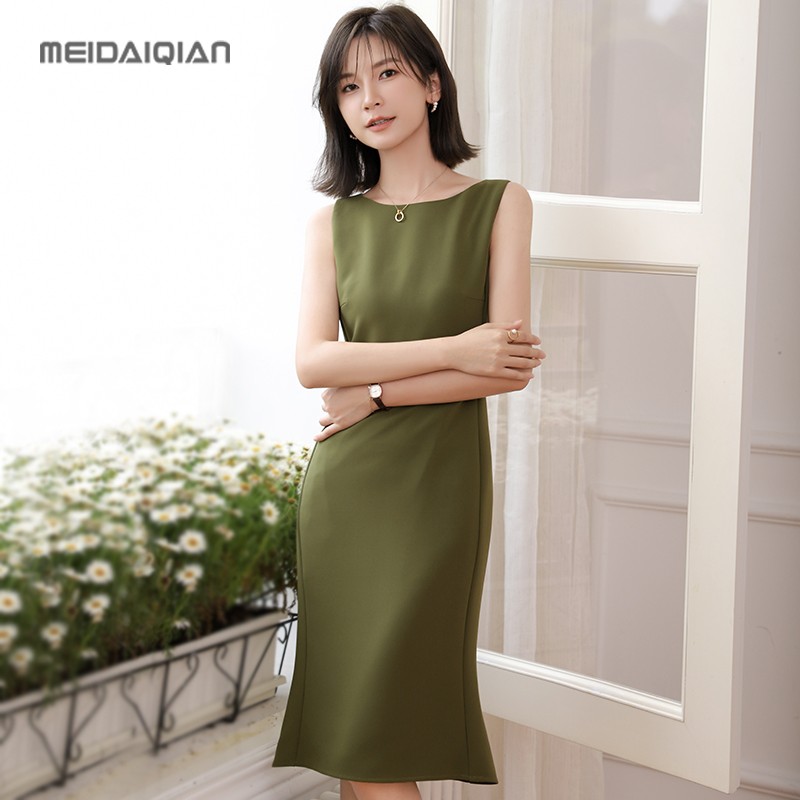 美岱倩裙子质感鱼尾收腰无袖连衣裙气质OL长裙小黑裙通勤女装绿色