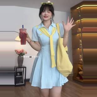 微胖蓝色连衣裙女夏季 大码 胖mm显瘦盐系a字公主名媛可爱清纯裙子