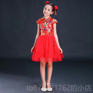 高档说唱中国筝红儿童舞蹈演出服女开 门喜庆幼儿表演打童鼓服古