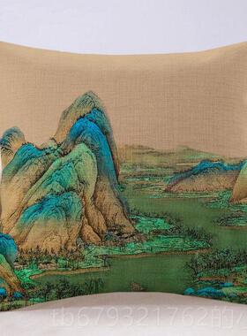 高档中国风禅千里江办山图山中式水抱枕沙发靠枕套意客厅公室靠山