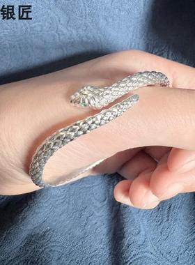 谢家银匠灵蛇白蛇手镯手镯女足银99实心足银镯子本命年