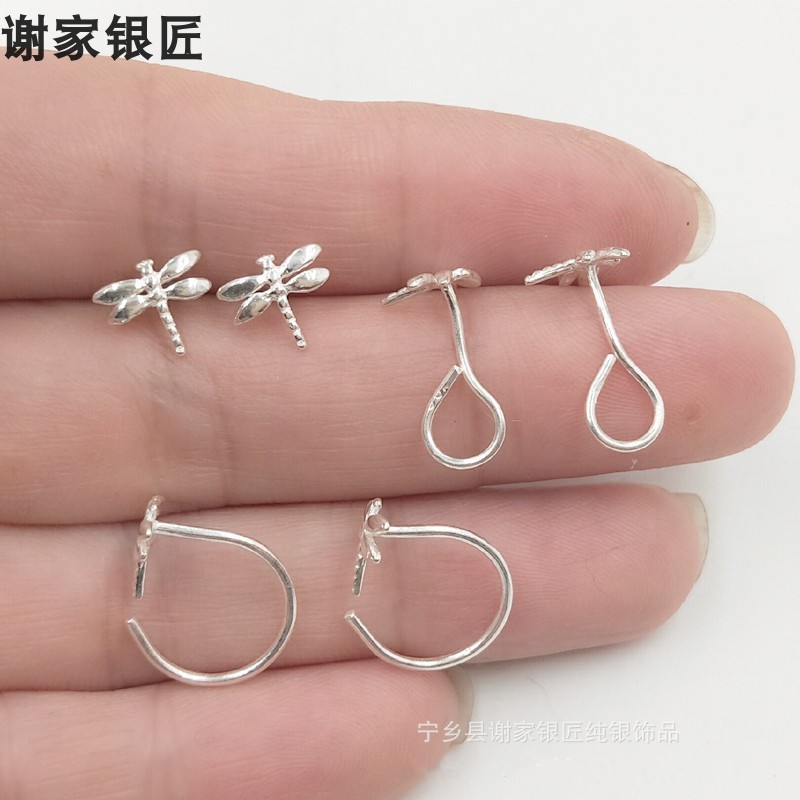 正品谢家银匠99纯银耳钉女可爱小清新小蜻蜓耳钉  99足银弯钩耳饰