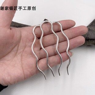 谢家银匠纯手工制作波浪发簪 999足银简约银簪