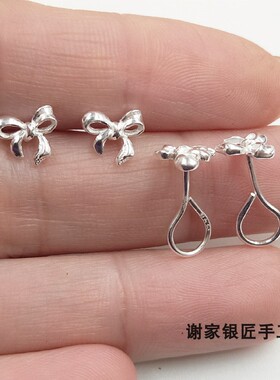 谢家银匠999足银可爱蝴蝶结耳钉 韩国女银耳钉弯钩