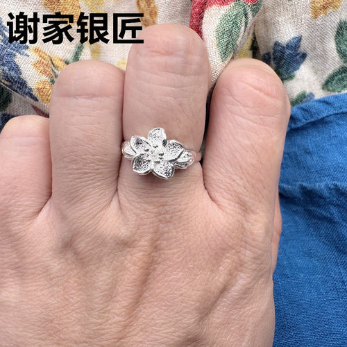 谢家银匠复古花朵开口银戒指女