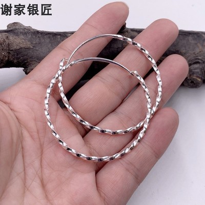 谢家银匠纯手工实心麻花耳圈999足银耳环个性银饰简约耳饰