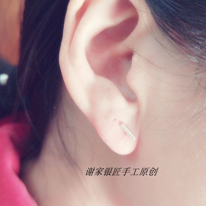谢家银匠手工小999纯银耳钉欧美韩一字耳钉小圆棍耳环