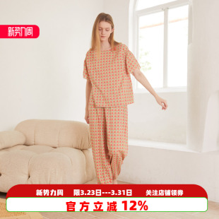 格子柔软套装 朵朵可可家居服睡衣新款 长裤 短袖 女士纯棉春夏季