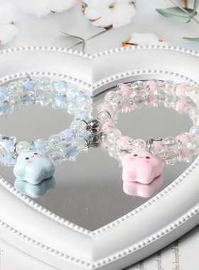 奶油色原创情侣串珠三人磁吸手链