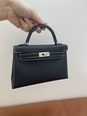 MK2定制凯莉二代迷你mini19山羊皮黑色拼奶油白银扣纯手工缝制