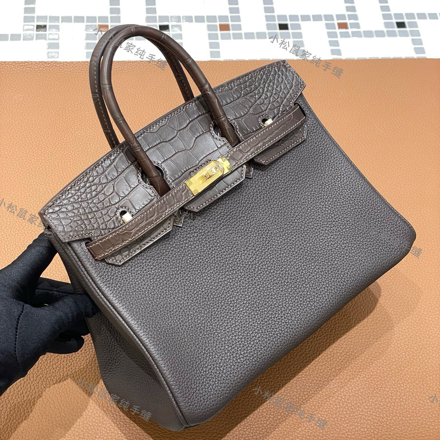 精工Bk25铂金包touch盖头美洲鳄鱼皮乌木色togo金扣手缝蜡线女包