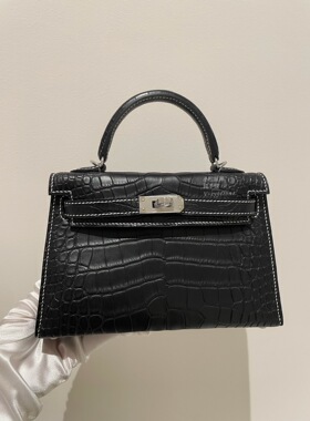 手工定制KL19方块美洲鳄鱼皮黑色白线银扣手缝二代迷你凯莉mk2