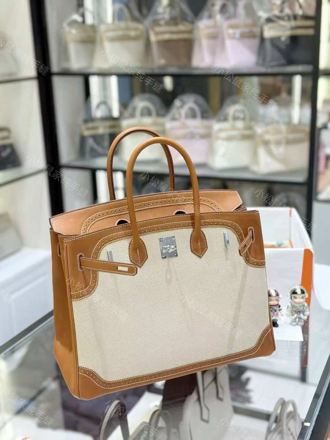 精品手工定制 BK35马鞍皮金棕拼蕾丝帆布铂金包手缝蜡线银扣手提