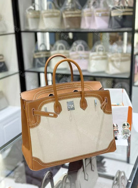 精品手工定制 BK35马鞍皮金棕拼蕾丝帆布铂金包手缝蜡线银扣手提