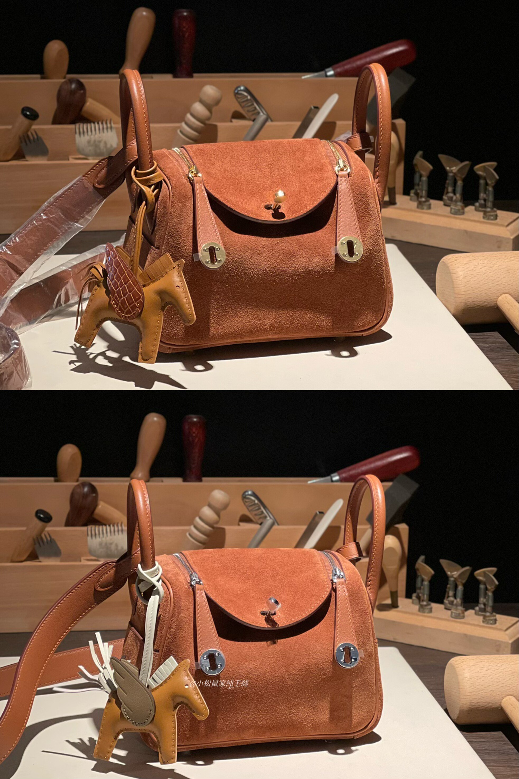 秋冬新款手工蜡线金棕银扣麂皮拼Sw琳迪迷你小医生包LD19手提斜挎