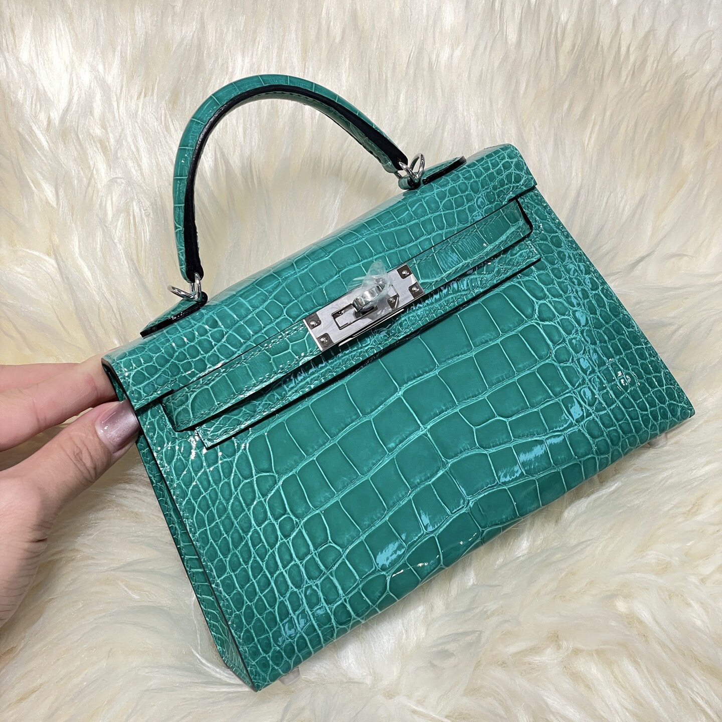 纯原mk2凯莉迷你二代KL19cm亮面高光美洲鳄鱼皮0D玫红色银扣手提