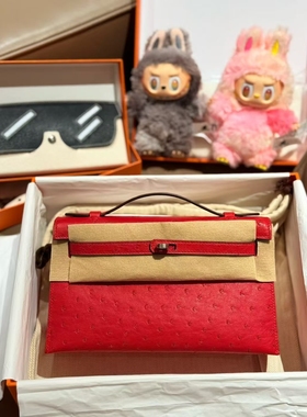 定制婚包凯莉一代KL22南非鸵鸟皮mk1手缝蜡线大红金扣手拿晚宴包