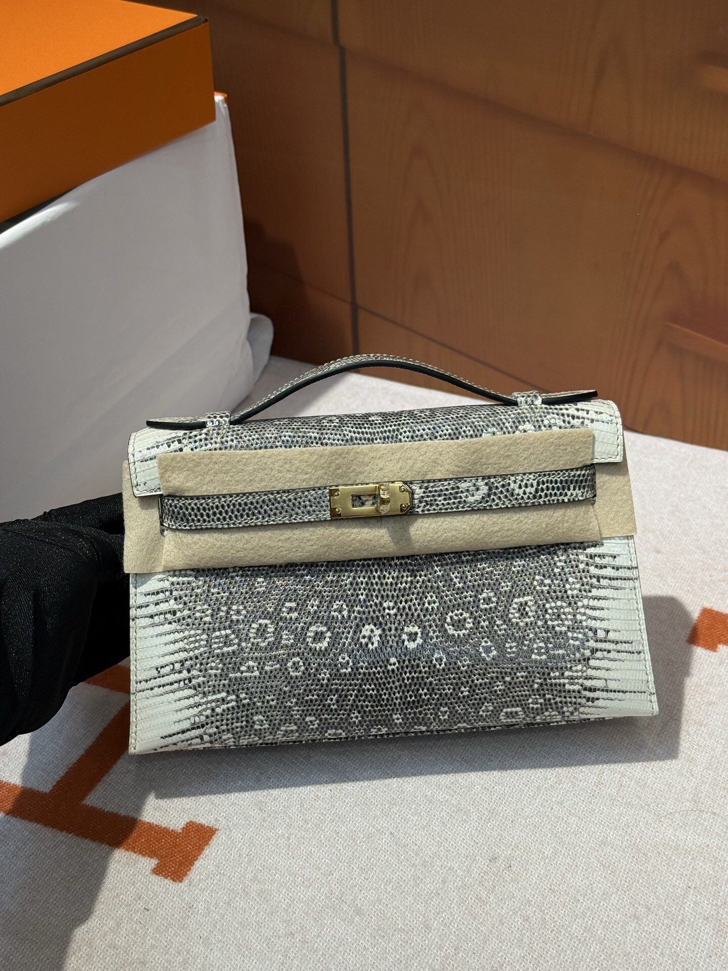 纯手工定制 实拍凯莉一代原厂进口南非蜥蜴皮原色金扣KL22迷你