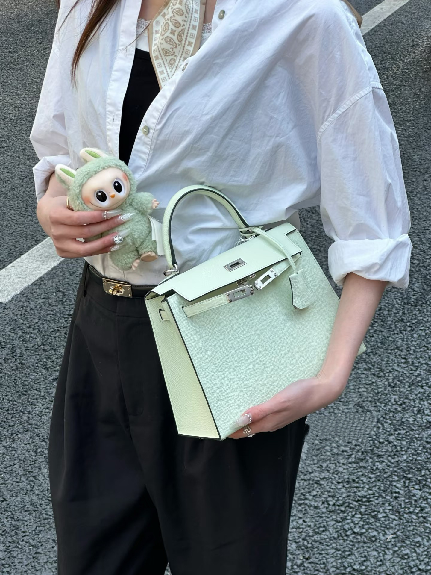 凯莉女包外缝OS气泡绿银扣纯手工蜡线KL25原厂EP手掌纹牛皮
