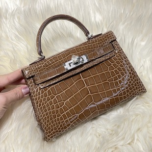 mk2凯莉迷你二代KL19亮面hcp美洲鳄鱼皮烟草色钯金银扣单肩斜挎包