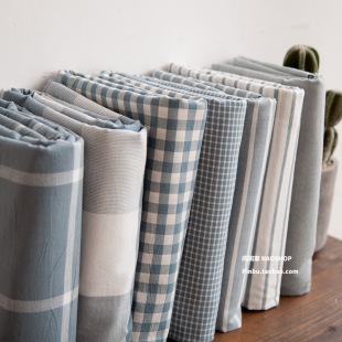 半米 全棉色织水洗棉床品布料条纹格子浅蓝系 闹闹家宽幅日式