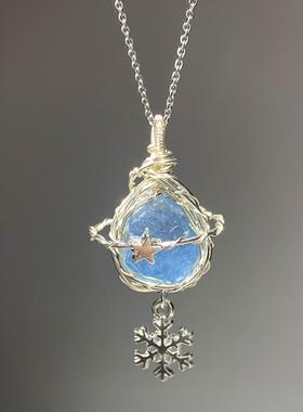 天然原石水晶海蓝宝纯手工项链