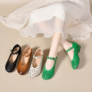 2025新款春夏季镂空单鞋女低跟一字带真皮马丽珍绿色浅口平底皮鞋