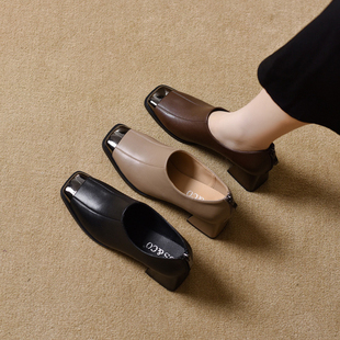 2025新款法式气质方头高跟鞋女秋冬软皮粗跟深口单鞋春秋款小皮鞋