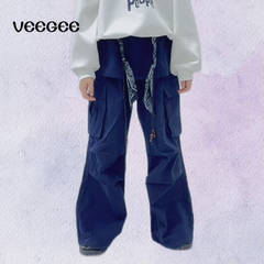 veegee秋季新款屁帘双拼工装裤中大童个性工装长裤送搭配个性腰链