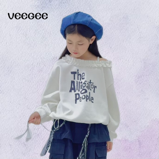 长袖 veegee秋季 时尚 单肩吊带字母卫衣女童个性 卫衣中大女童 新款