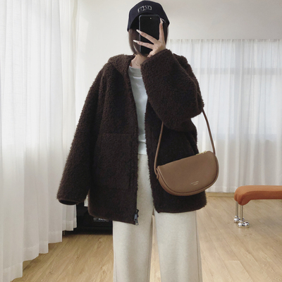 加厚连帽羊羔毛外套女冬皮毛一体