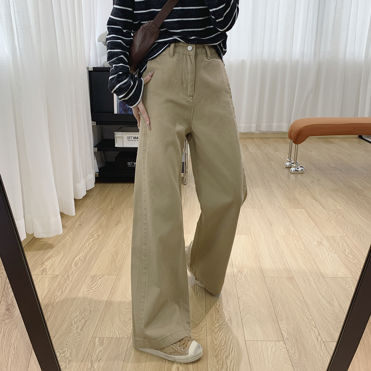 老钱风无弹高腰显瘦阔腿牛仔裤女