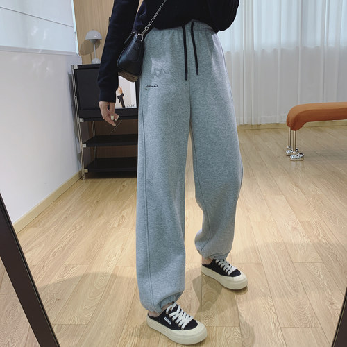 刺绣加绒卫裤女秋冬可收口束脚