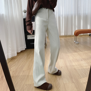 拖地长裤 莱赛尔高腰显瘦加绒直筒牛仔裤 阔腿裤 子宽松窄版 女秋冬裤