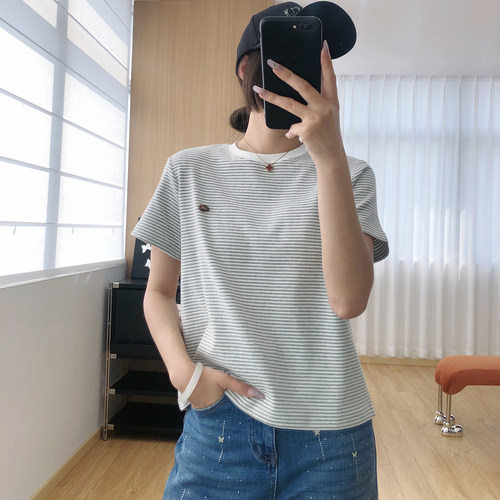柔软亲肤撞色条纹显瘦短袖T恤女