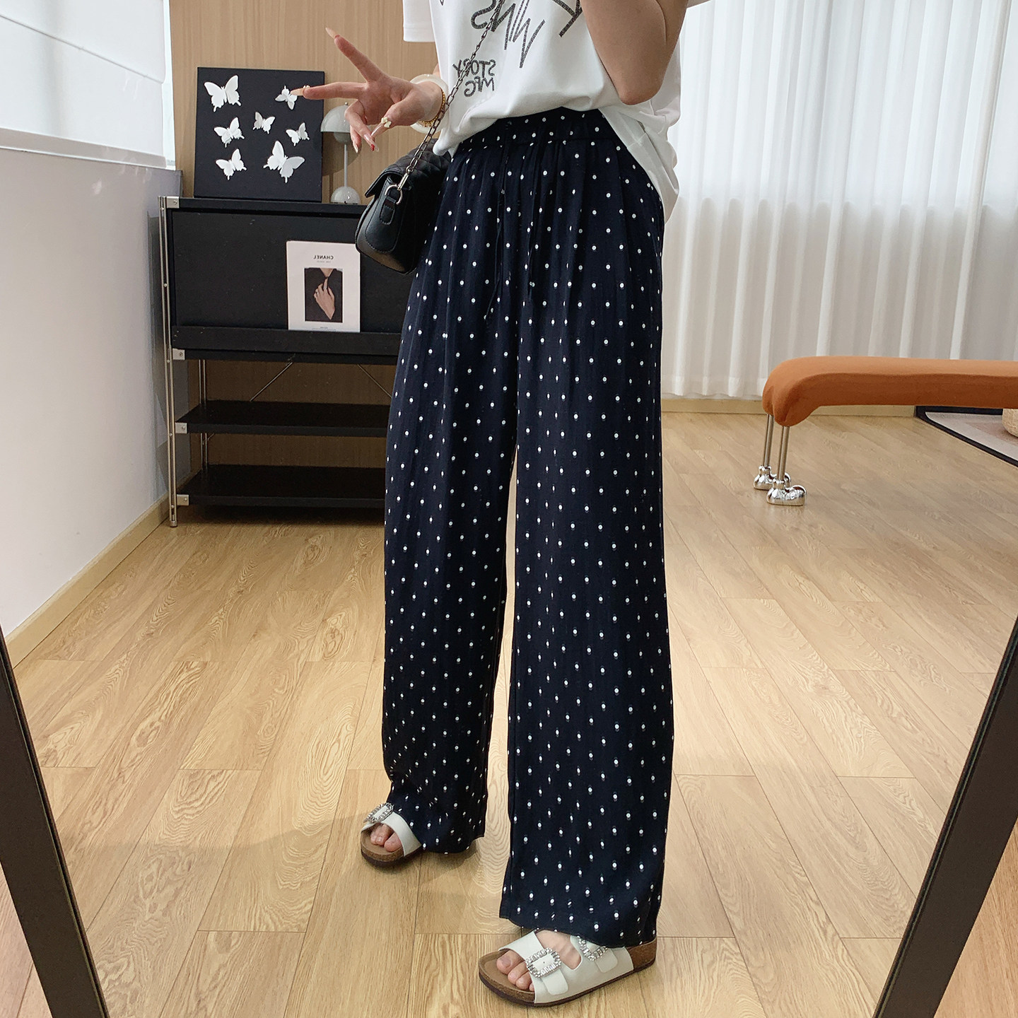 凉感冰丝亚麻抖抖裤！宽松直筒显瘦垂感圆点休闲阔腿裤女夏薄款