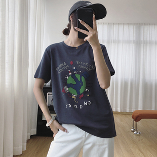 柔软亲肤地球印花短袖 宽松显瘦休闲上衣夏 T恤女夏季 纯棉2025新款