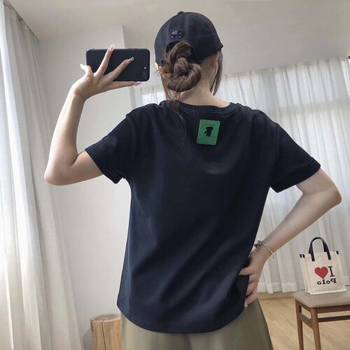 后背小熊翻边太空棉短袖T恤女