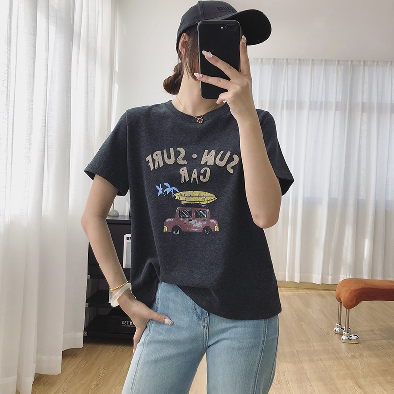 柔软亲肤早春卡通汽车印花磨毛短袖T恤女春季2025年新款休闲上衣